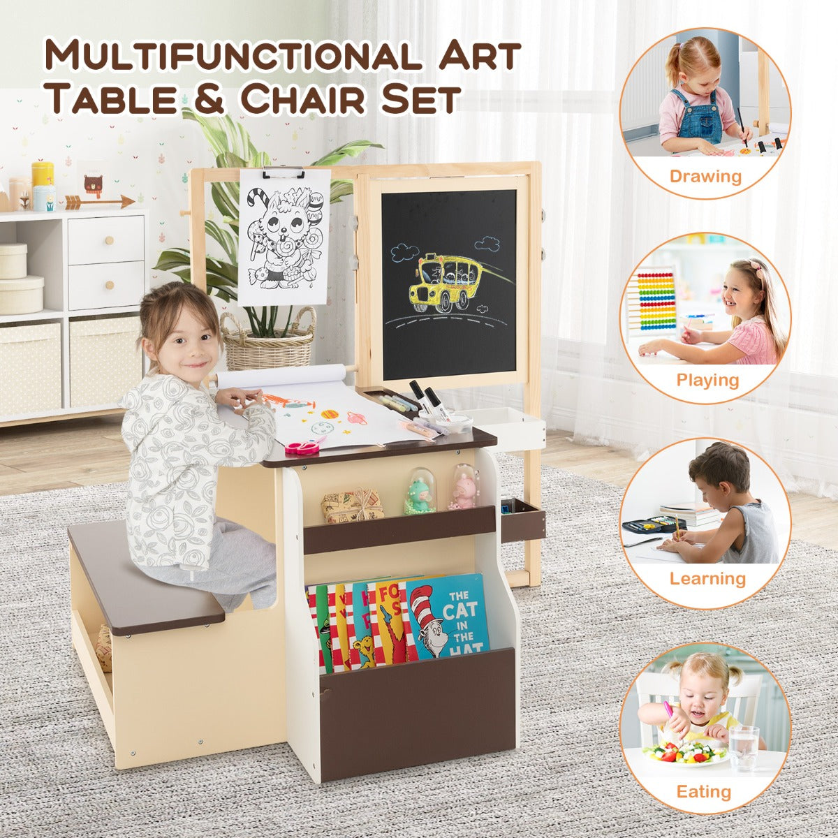 LIVSK Kinderkunstcentrum met Tafel en Bankje - Dubbelzijdige Schildersezel - Inclusief Kunstbenodigdheden - Voor Kinderen 3+ -