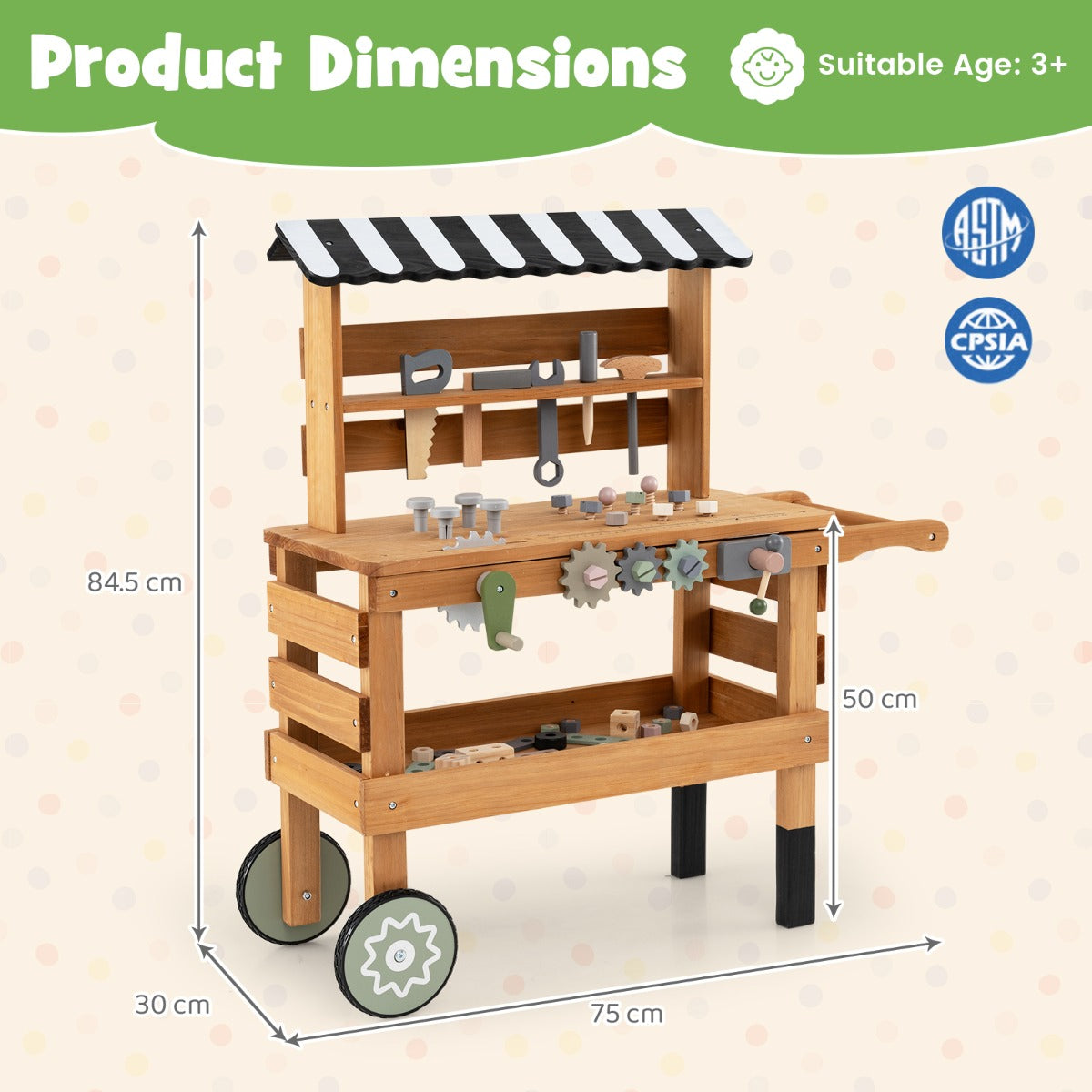 Livsk costway 2 in 1 houten kinderwagen en werkbank speelwerkstation compleet met realistisch gereedschap en accessoires 2