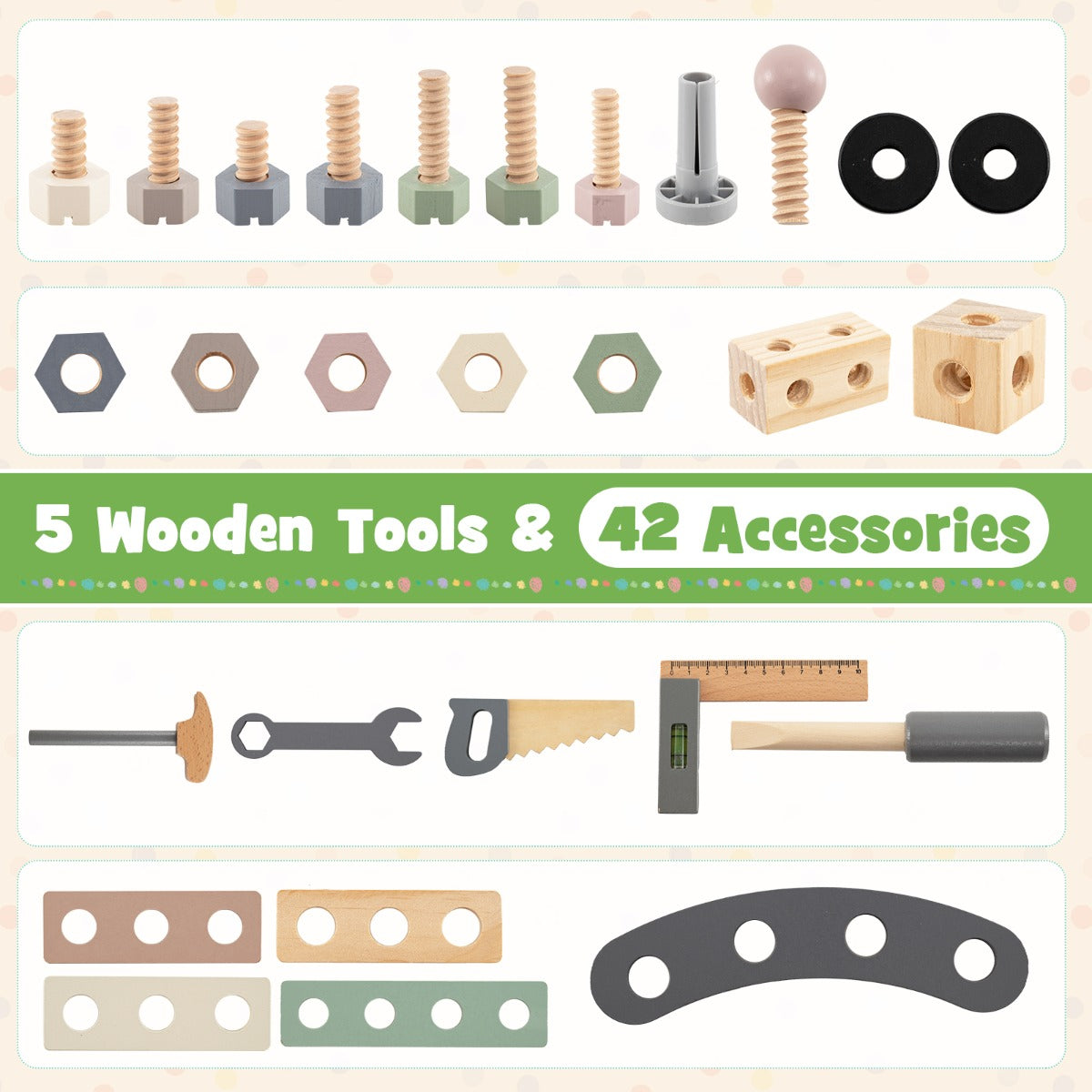 Livsk costway 2 in 1 houten kinderwagen en werkbank speelwerkstation compleet met realistisch gereedschap en accessoires 3