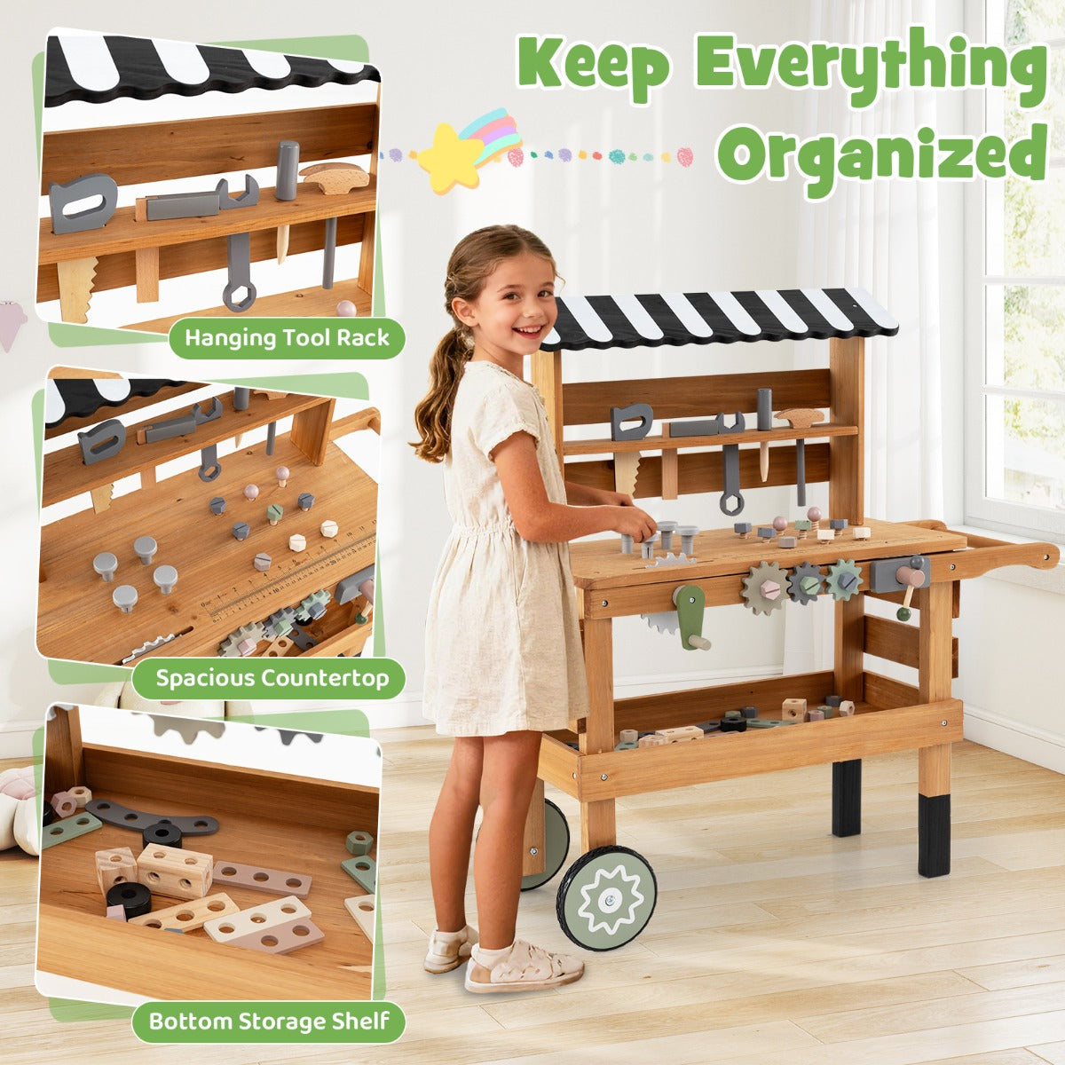 Livsk costway 2 in 1 houten kinderwagen en werkbank speelwerkstation compleet met realistisch gereedschap en accessoires 4