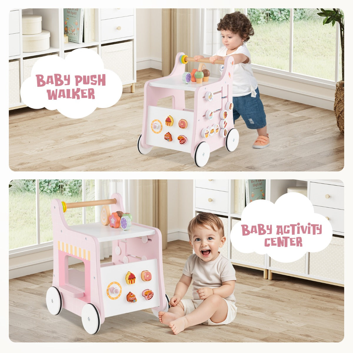 LIVSK Multifunctionele Babyloopwagen - Veilig MDF met Antislipwielen - Kleurrijke Activiteiten - Opbergruimte - Voor Kinderen