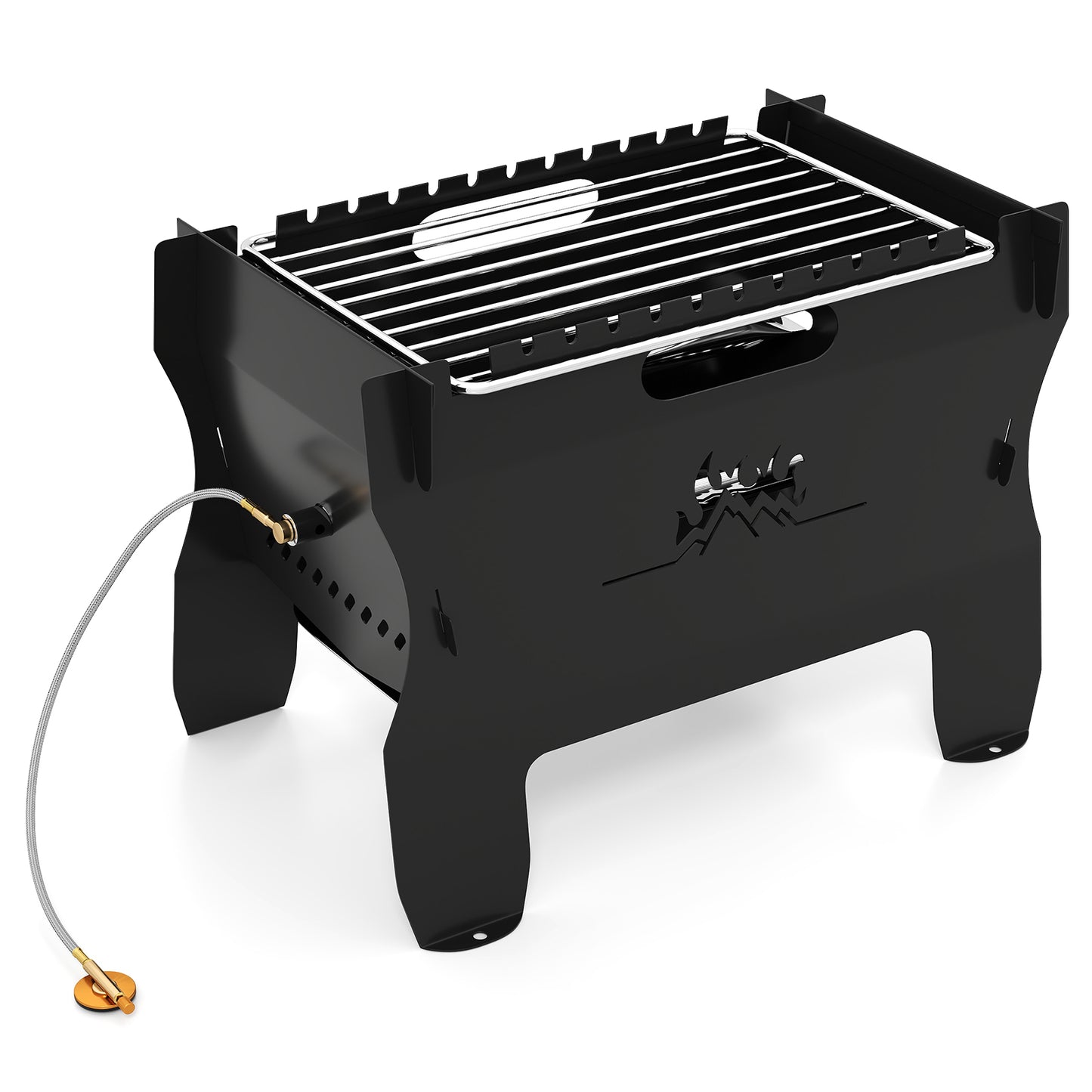 LIVSK 2-in-1 Campinggrill - Draagbaar met Butaan en Houtskool - Grillrooster 28 x 19 cm - Duurzaam en Compact - Zwart