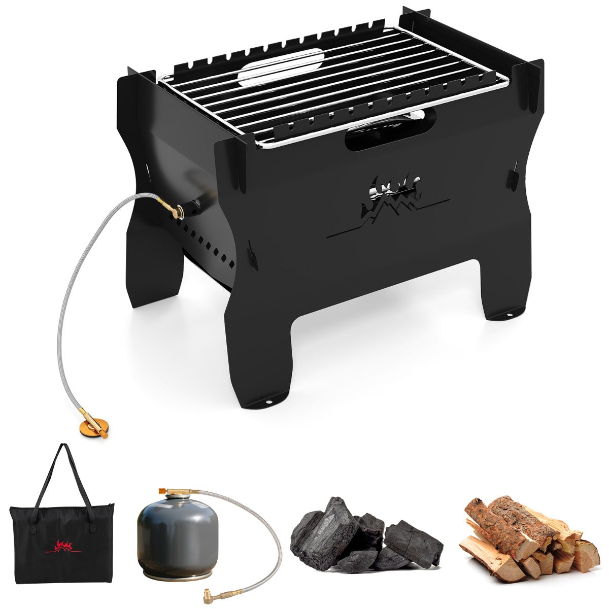 LIVSK 2-in-1 Campinggrill - Draagbaar met Butaan en Houtskool - Grillrooster 28 x 19 cm - Duurzaam en Compact - Zwart