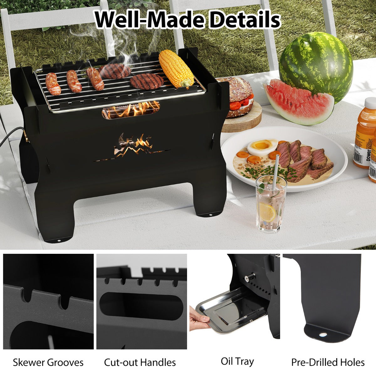 LIVSK 2-in-1 Campinggrill - Draagbaar met Butaan en Houtskool - Grillrooster 28 x 19 cm - Duurzaam en Compact - Zwart