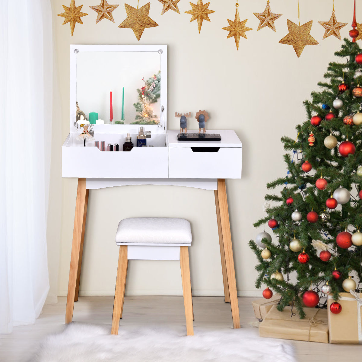 LIVSK Opklapbare Kaptafelset - Draaibare Spiegel - Comfortabele Kruk - Ruime Opbergruimte - Eenvoudige Montage - Wit
