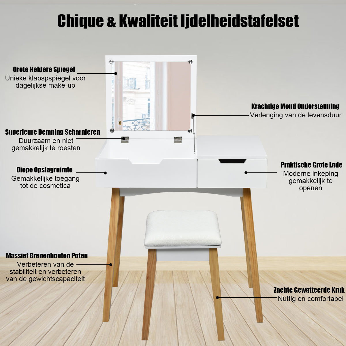 LIVSK Opklapbare Kaptafelset - Draaibare Spiegel - Comfortabele Kruk - Ruime Opbergruimte - Eenvoudige Montage - Wit