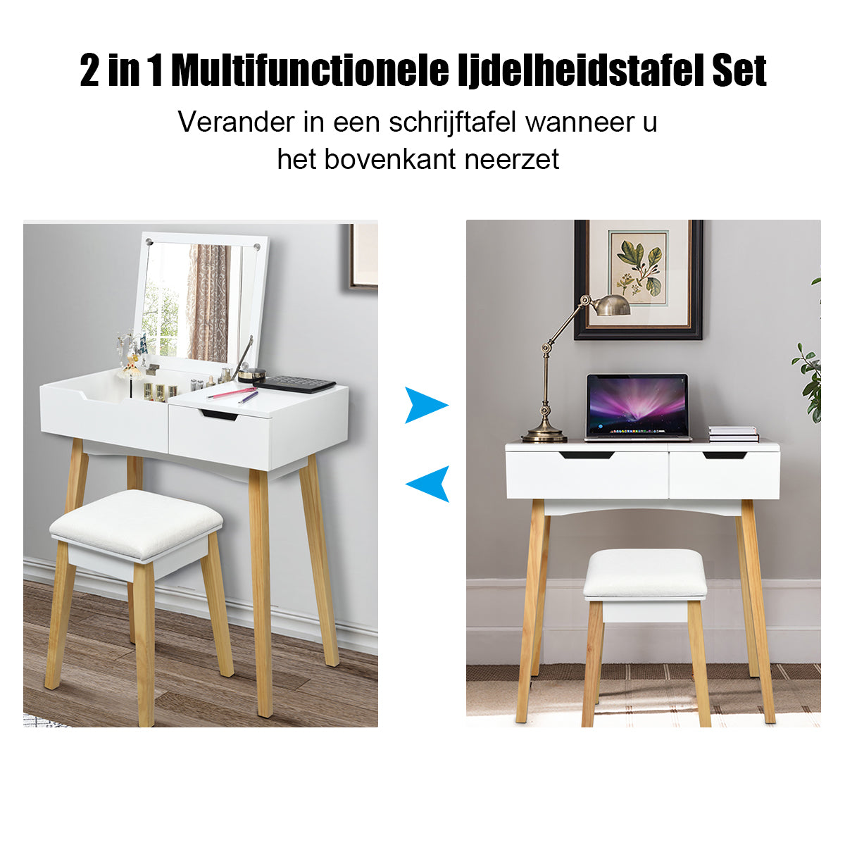 LIVSK Opklapbare Kaptafelset - Draaibare Spiegel - Comfortabele Kruk - Ruime Opbergruimte - Eenvoudige Montage - Wit