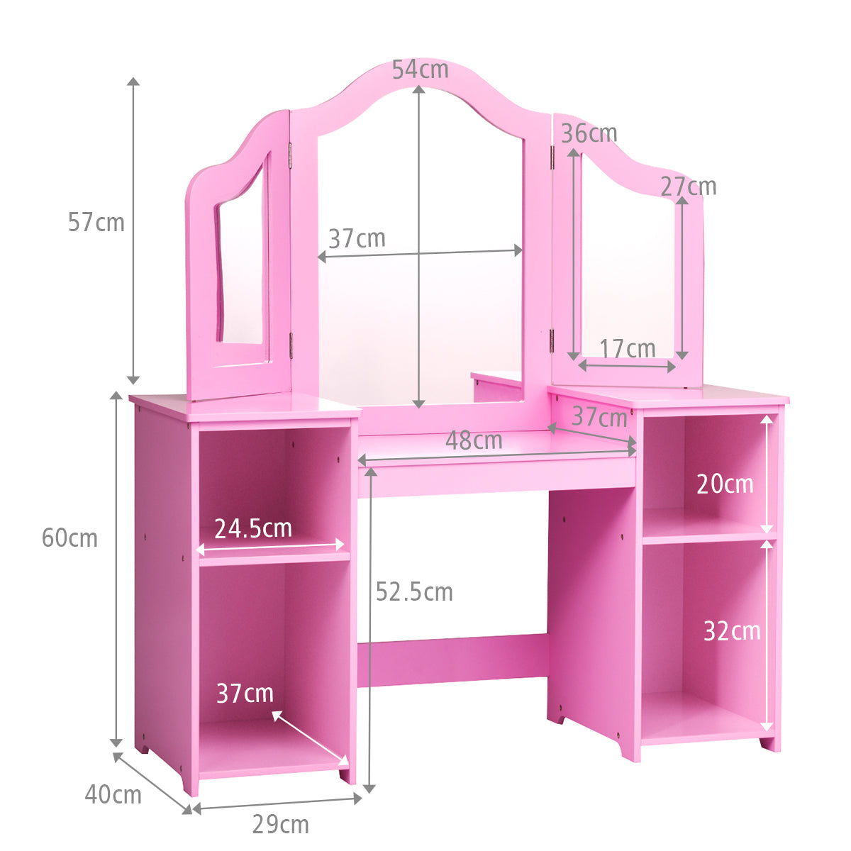 LIVSK Kinderkaptafel met Driedelige Spiegel - Grote Opbergruimte - Veilig MDF - Eenvoudige Montage - Roze