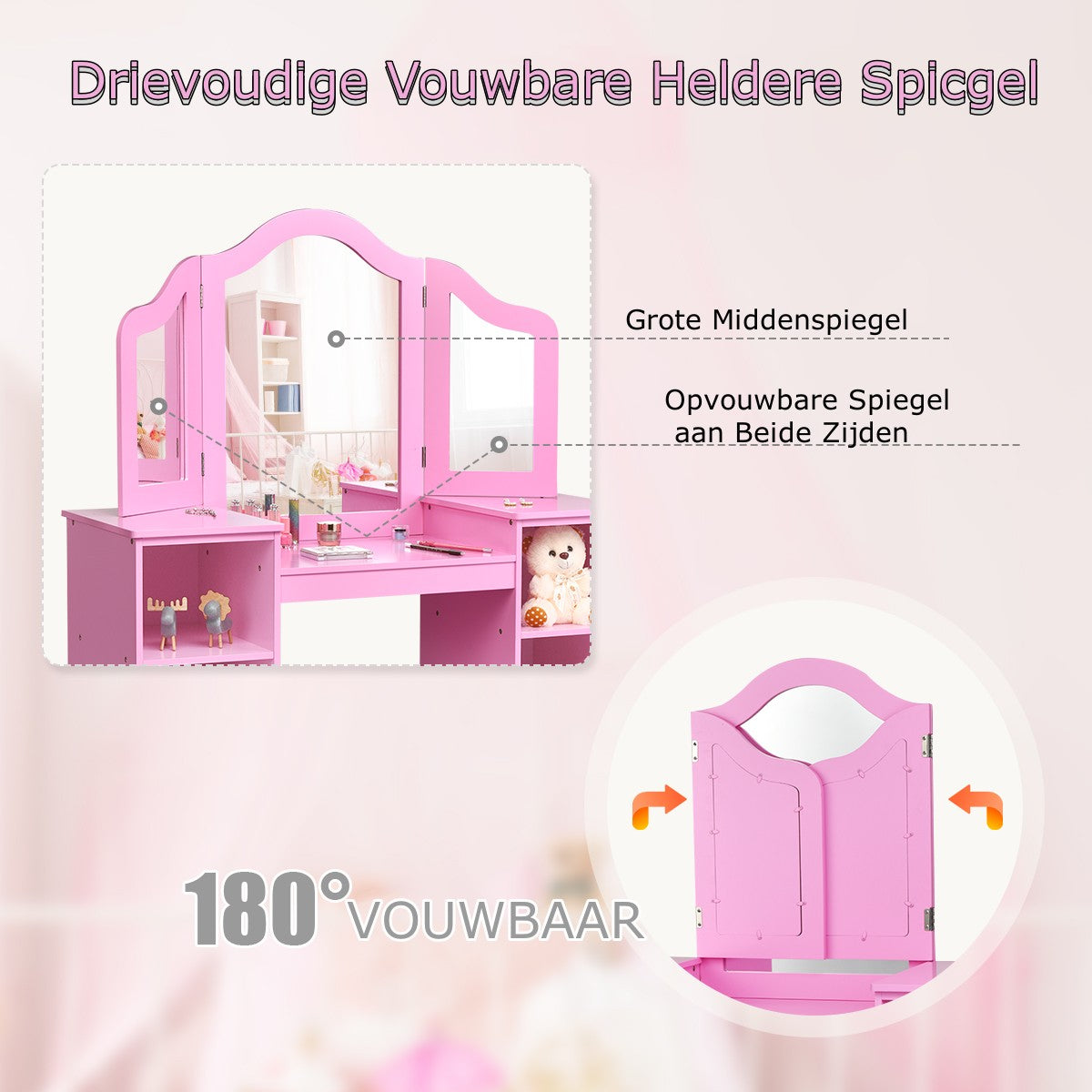 LIVSK Kinderkaptafel met Driedelige Spiegel - Grote Opbergruimte - Veilig MDF - Eenvoudige Montage - Roze