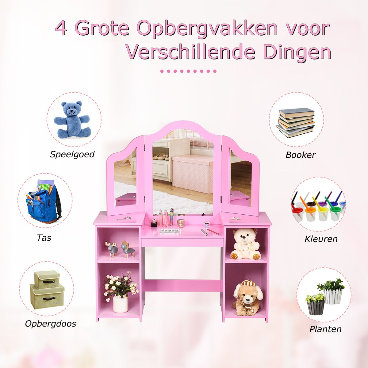 LIVSK Kinderkaptafel met Driedelige Spiegel - Grote Opbergruimte - Veilig MDF - Eenvoudige Montage - Roze