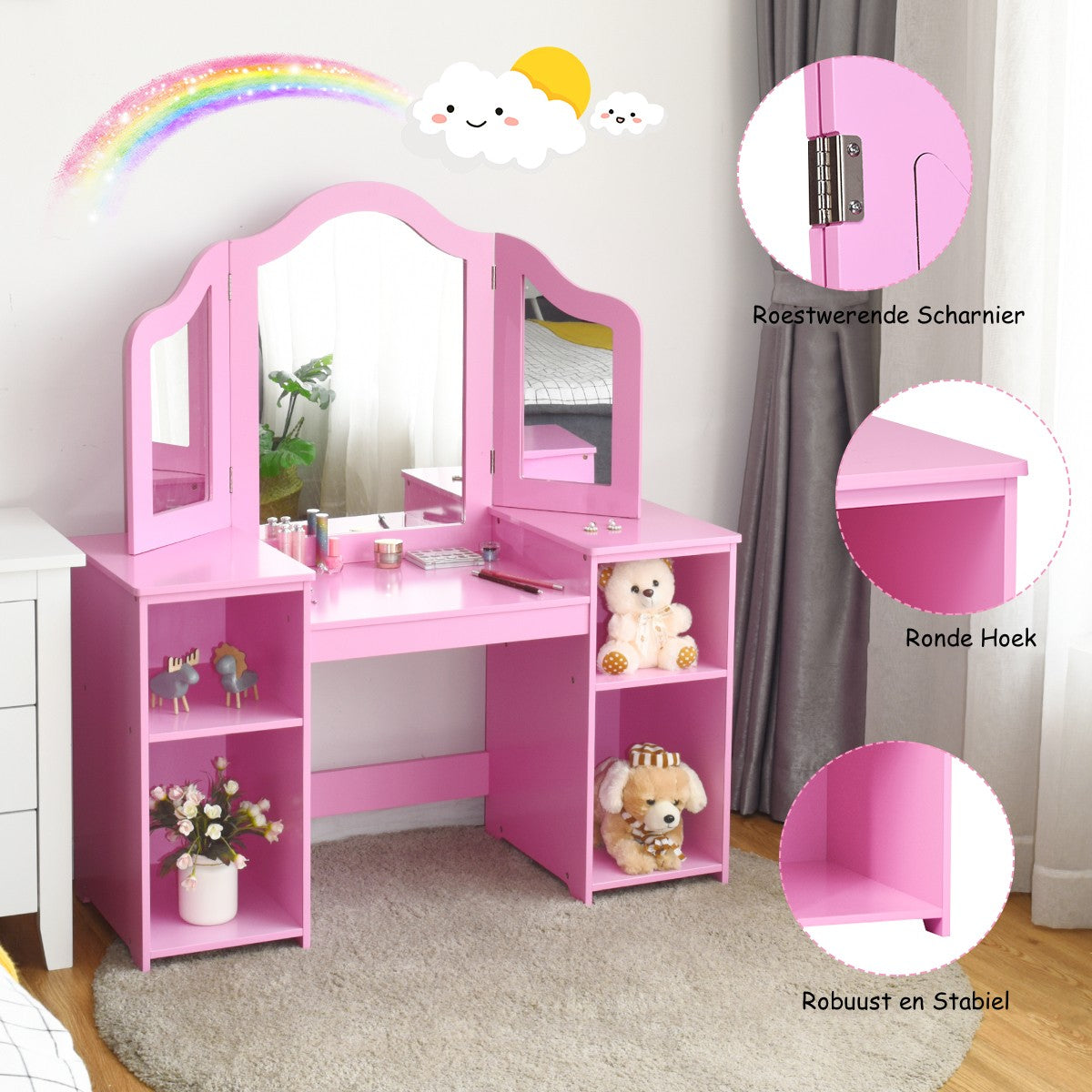 LIVSK Kinderkaptafel met Driedelige Spiegel - Grote Opbergruimte - Veilig MDF - Eenvoudige Montage - Roze