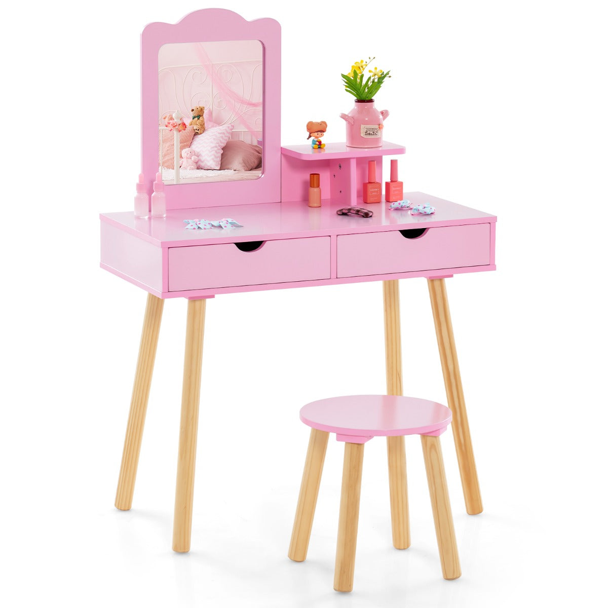 Livsk costway 2 in 1 kaptafel voor kinderen met een rechthoekige spiegel twee grote lades en een houten krukje