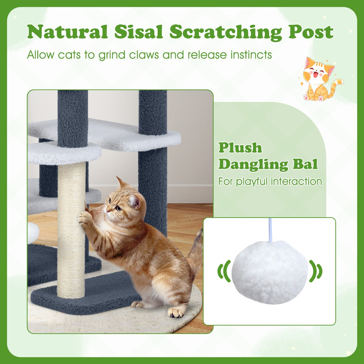 Livsk costway 2 in 1 katten toren katten trap met sisal krabpaal 3 grote platforms 4 traps kattenboom voor hoog bed kattenkrabpaal 2