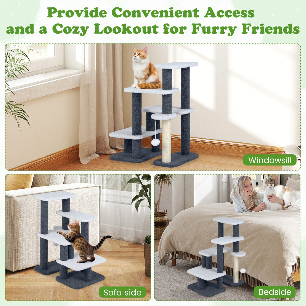 Livsk costway 2 in 1 katten toren katten trap met sisal krabpaal 3 grote platforms 4 traps kattenboom voor hoog bed kattenkrabpaal 5
