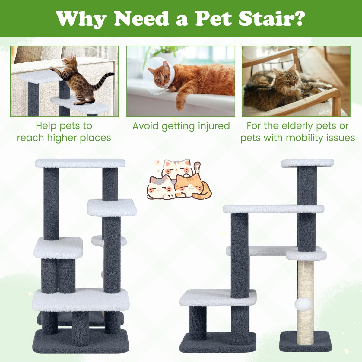 Livsk costway 2 in 1 katten toren katten trap met sisal krabpaal 3 grote platforms 4 traps kattenboom voor hoog bed kattenkrabpaal 6