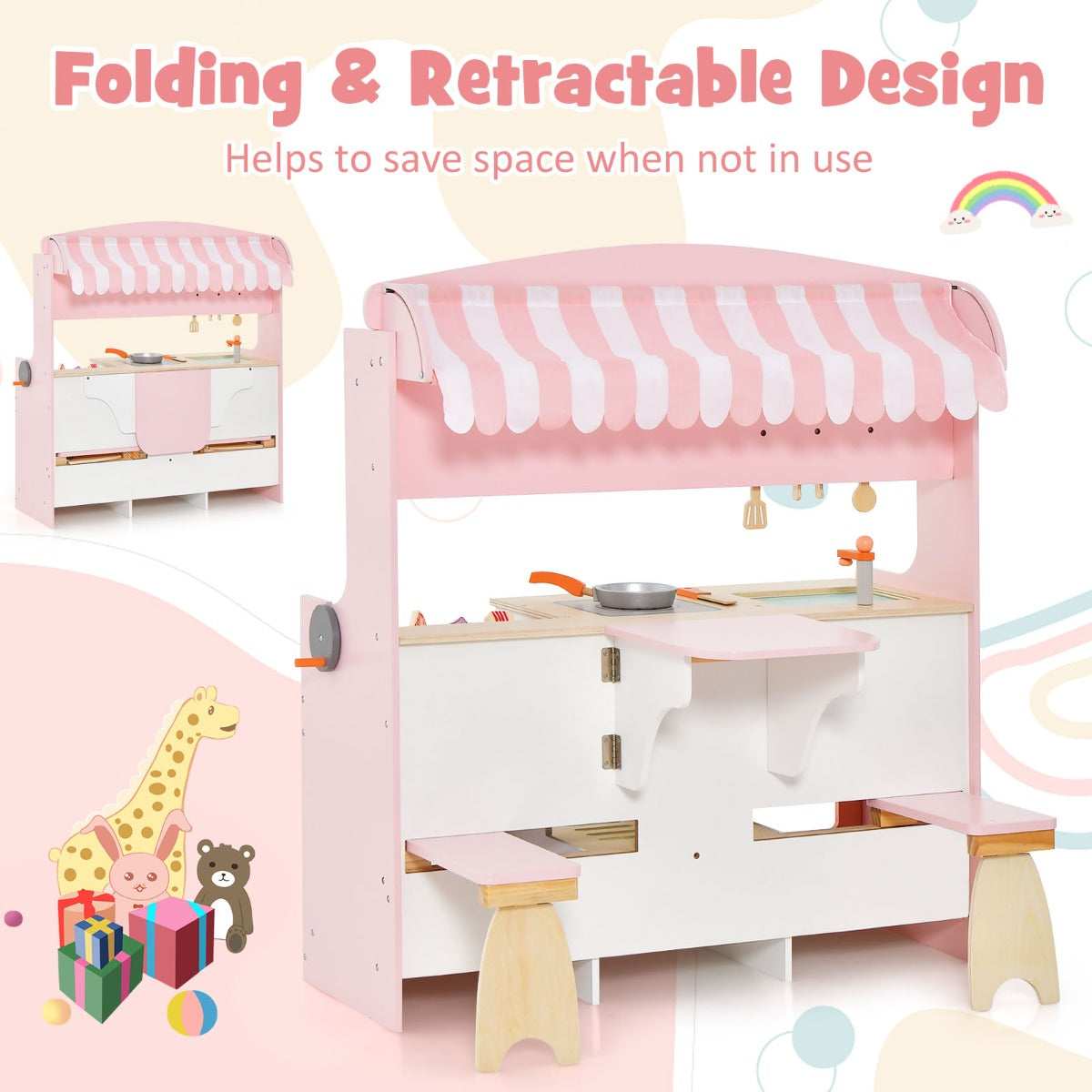 LIVSK Dubbelzijdige Speelkeuken - 2-in-1 Keuken en Eethoek - Realistische Accessoires - Veilig MDF - Voor Kinderen 3-8 Jaar - Roze