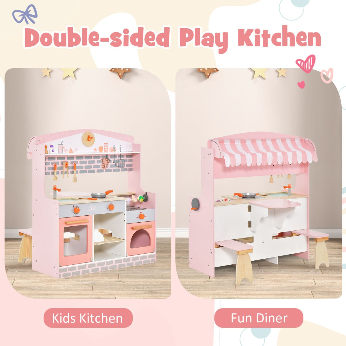LIVSK Dubbelzijdige Speelkeuken - 2-in-1 Keuken en Eethoek - Realistische Accessoires - Veilig MDF - Voor Kinderen 3-8 Jaar - Roze