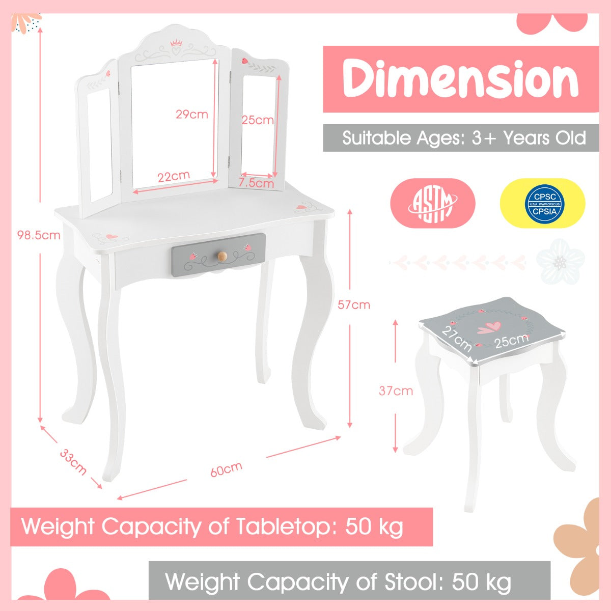 LIVSK 2-in-1 Make-uptafelset voor Kinderen - Afneembare Drievoudige Spiegel - Inclusief 10 Accessoires - Veilig en Stevig - Wit