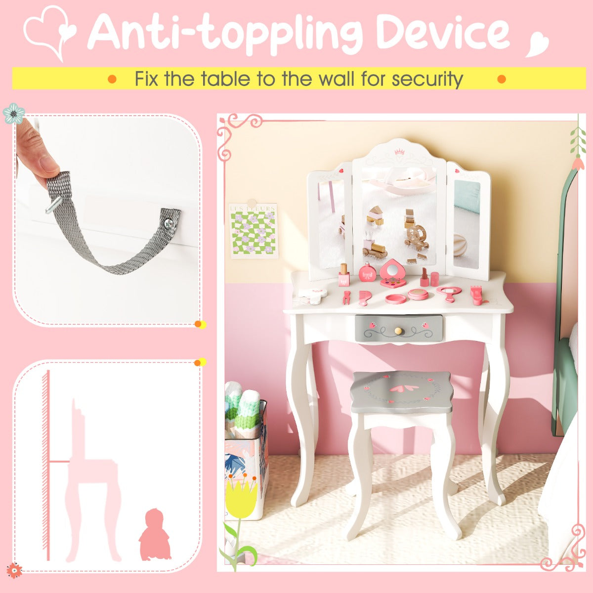 LIVSK 2-in-1 Make-uptafelset voor Kinderen - Afneembare Drievoudige Spiegel - Inclusief 10 Accessoires - Veilig en Stevig - Wit