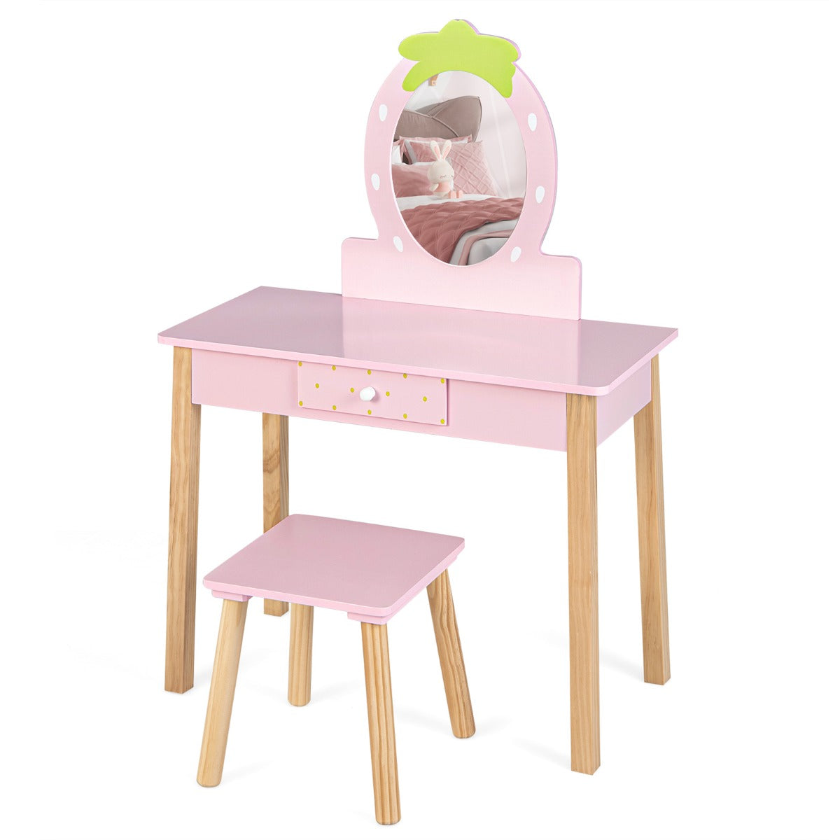 Livsk costway 2 in 1 kinder kaptafel set kinderen houten kaptafel set met krukje spiegel in aardbeivorm praktische lade roze 1