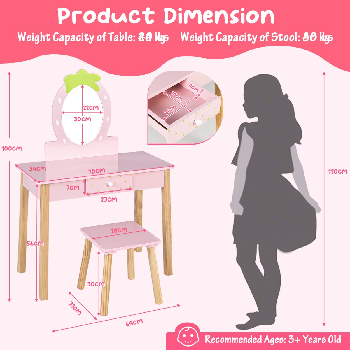 Livsk costway 2 in 1 kinder kaptafel set kinderen houten kaptafel set met krukje spiegel in aardbeivorm praktische lade roze