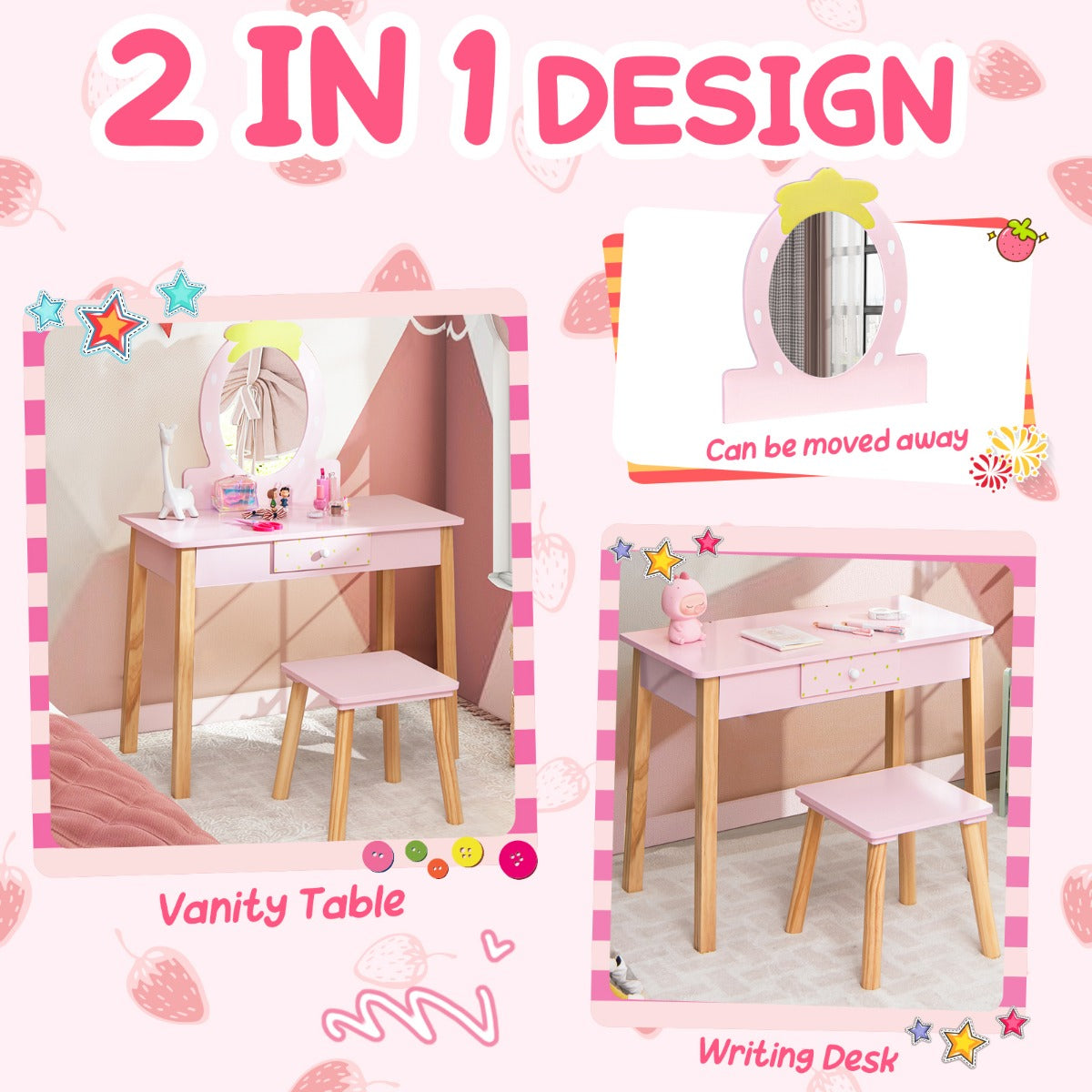 Livsk costway 2 in 1 kinder kaptafel set kinderen houten kaptafel set met krukje spiegel in aardbeivorm praktische lade roze