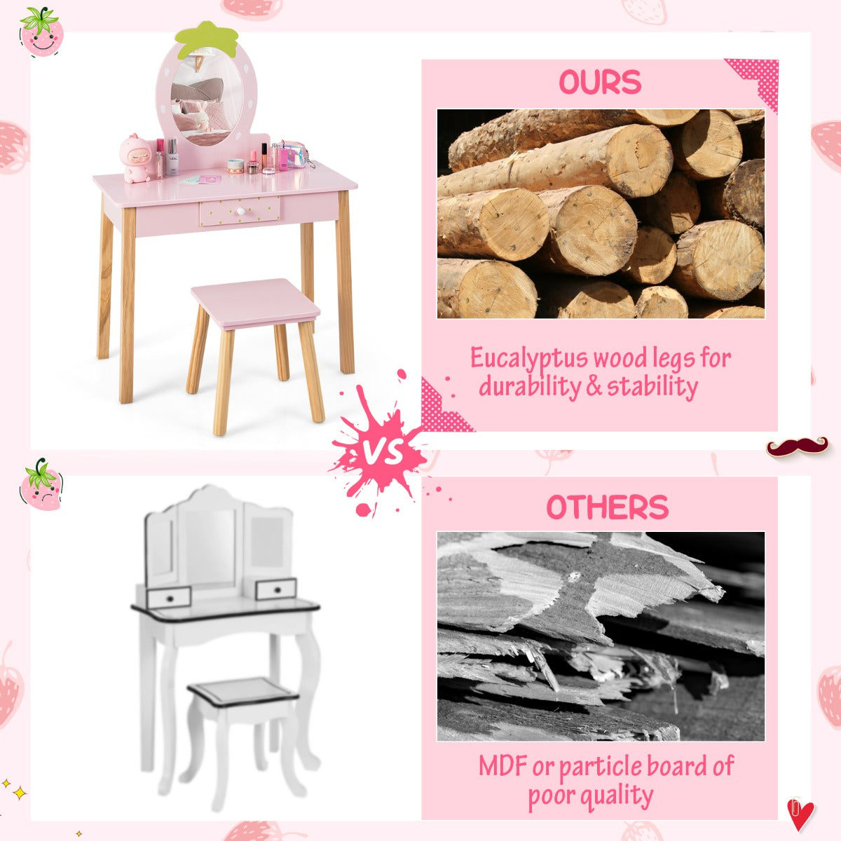 Livsk costway 2 in 1 kinder kaptafel set kinderen houten kaptafel set met krukje spiegel in aardbeivorm praktische lade roze