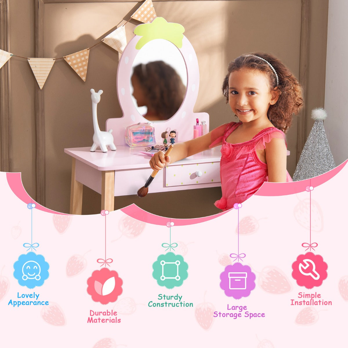 Livsk costway 2 in 1 kinder kaptafel set kinderen houten kaptafel set met krukje spiegel in aardbeivorm praktische lade roze