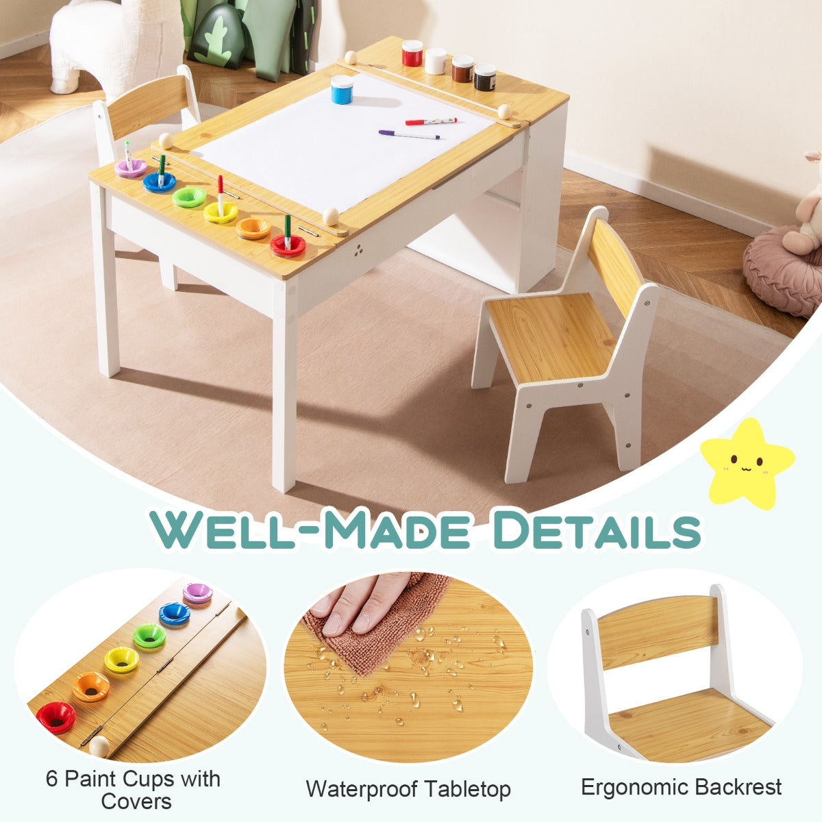 LIVSK 2-in-1 Kinder Kunsttafel en Ezelset - Verstelbaar met Opbergruimte en Ergonomische Stoelen - Voor Creatieve Kinderen - Wit