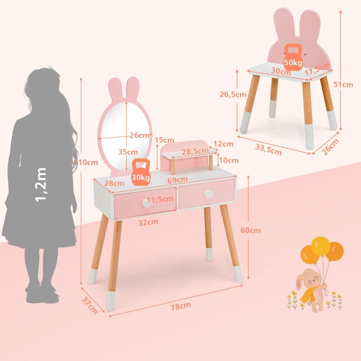 LIVSK Kinderschminktafel met Spiegel - 2 Lades - Opbergrek - Duurzaam MDF - Schattig Konijnendesign - Roze + Wit