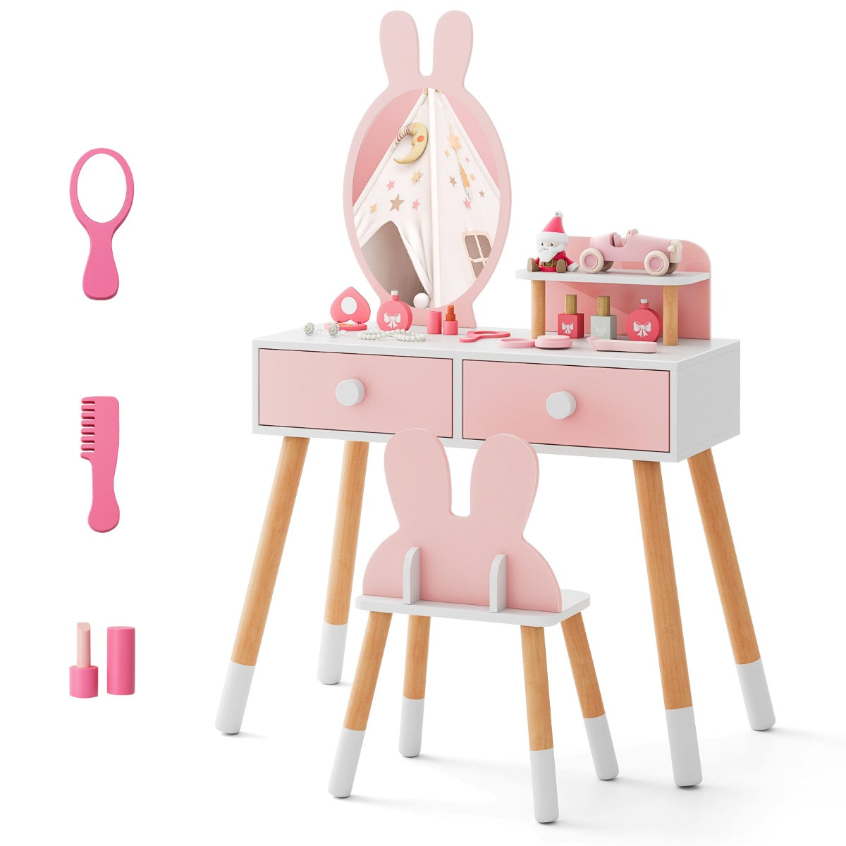 LIVSK Kinderschminktafel met Spiegel - 2 Lades - Opbergrek - Duurzaam MDF - Schattig Konijnendesign - Roze + Wit