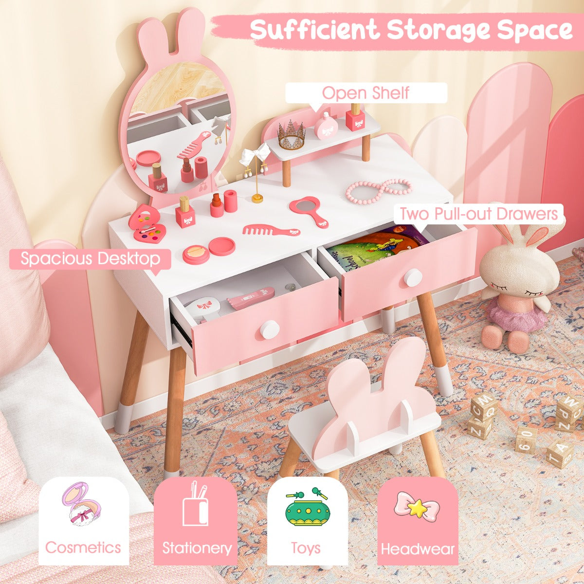 LIVSK Kinderschminktafel met Spiegel - 2 Lades - Opbergrek - Duurzaam MDF - Schattig Konijnendesign - Roze + Wit