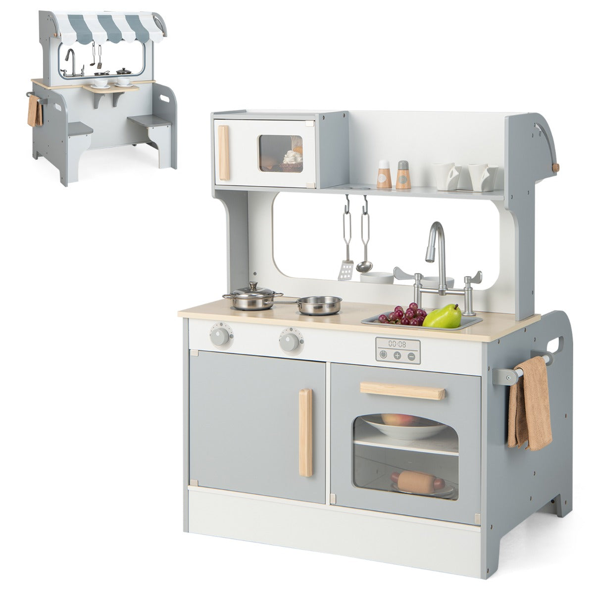 Livsk costway 2 in 1 kinder speel keuken restaurant met tapkraan gootsteen fornuis oven opbergkast handdoek bar hangende haak eetplaats 1 1