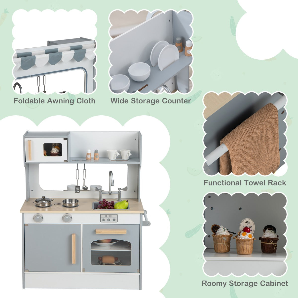 Livsk costway 2 in 1 kinder speel keuken restaurant met tapkraan gootsteen fornuis oven opbergkast handdoek bar hangende haak eetplaats 6