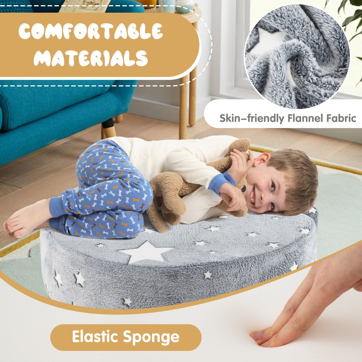 LIVSK 2-in-1 Kinderbank en Speelkussen - Lichtgevende Sterrenpatronen - Ergonomisch en Comfortabel - Voor Kinderen - Grijs/Blauw