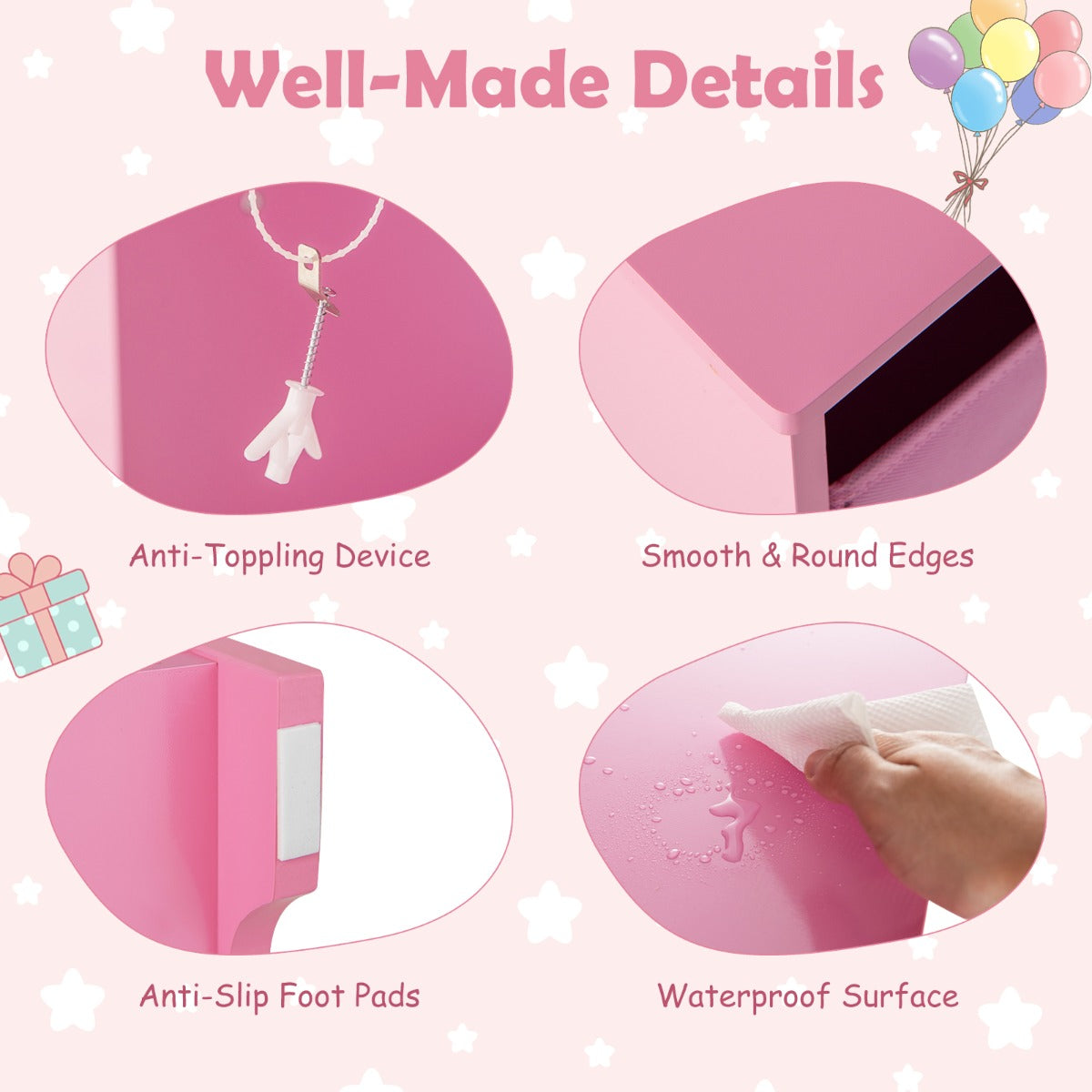 Livsk costway 2 in 1 kinderkaptafel met afneembare driewegspiegel make uptafel met 4 vakken en 4 stoffen opbergbakken roze 6