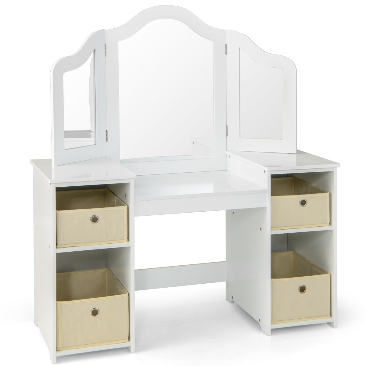 Livsk costway 2 in 1 kinderkaptafel met afneembare driewegspiegel make uptafel met 4 vakken en 4 stoffen opbergbakken wit 1 1