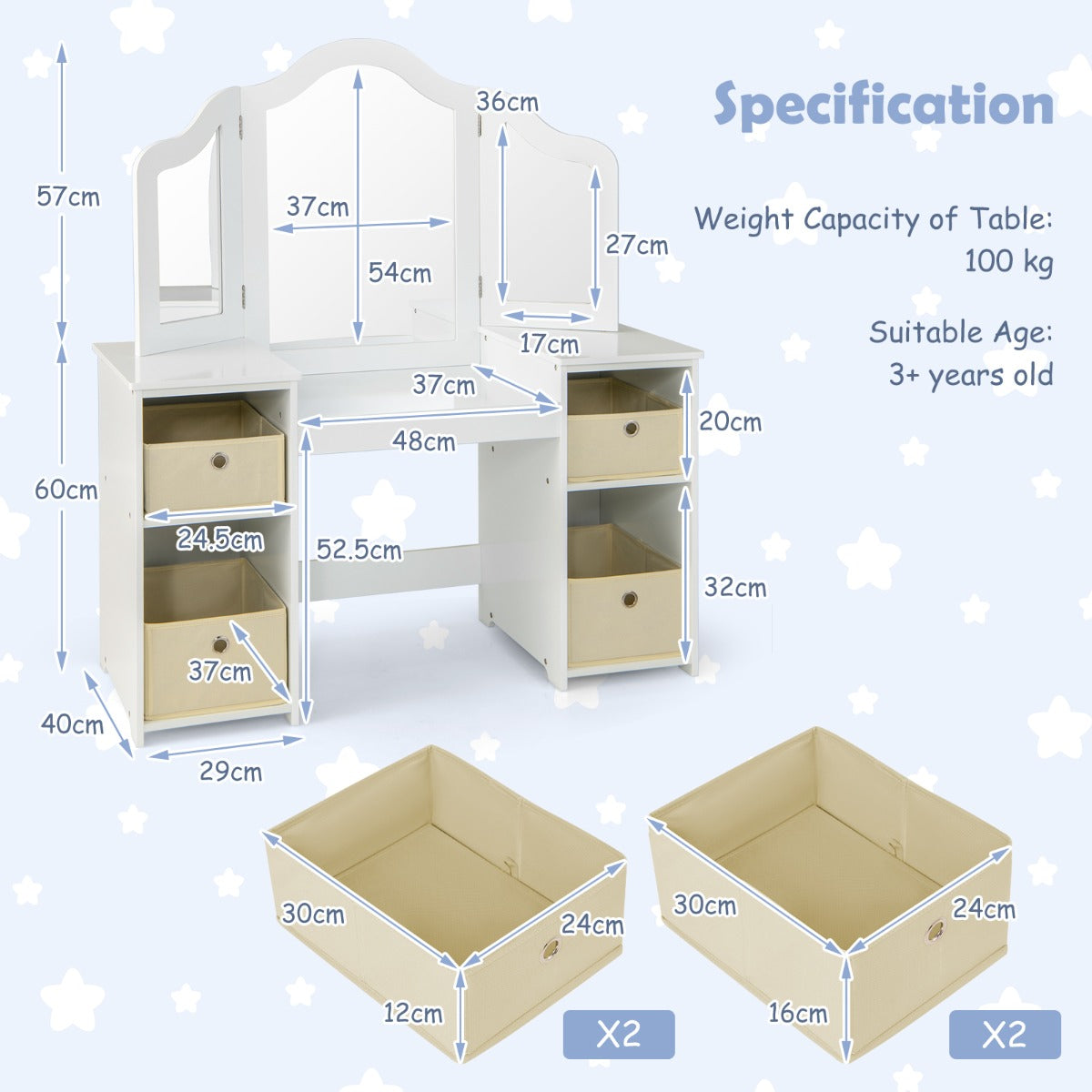 Livsk costway 2 in 1 kinderkaptafel met afneembare driewegspiegel make uptafel met 4 vakken en 4 stoffen opbergbakken wit 2