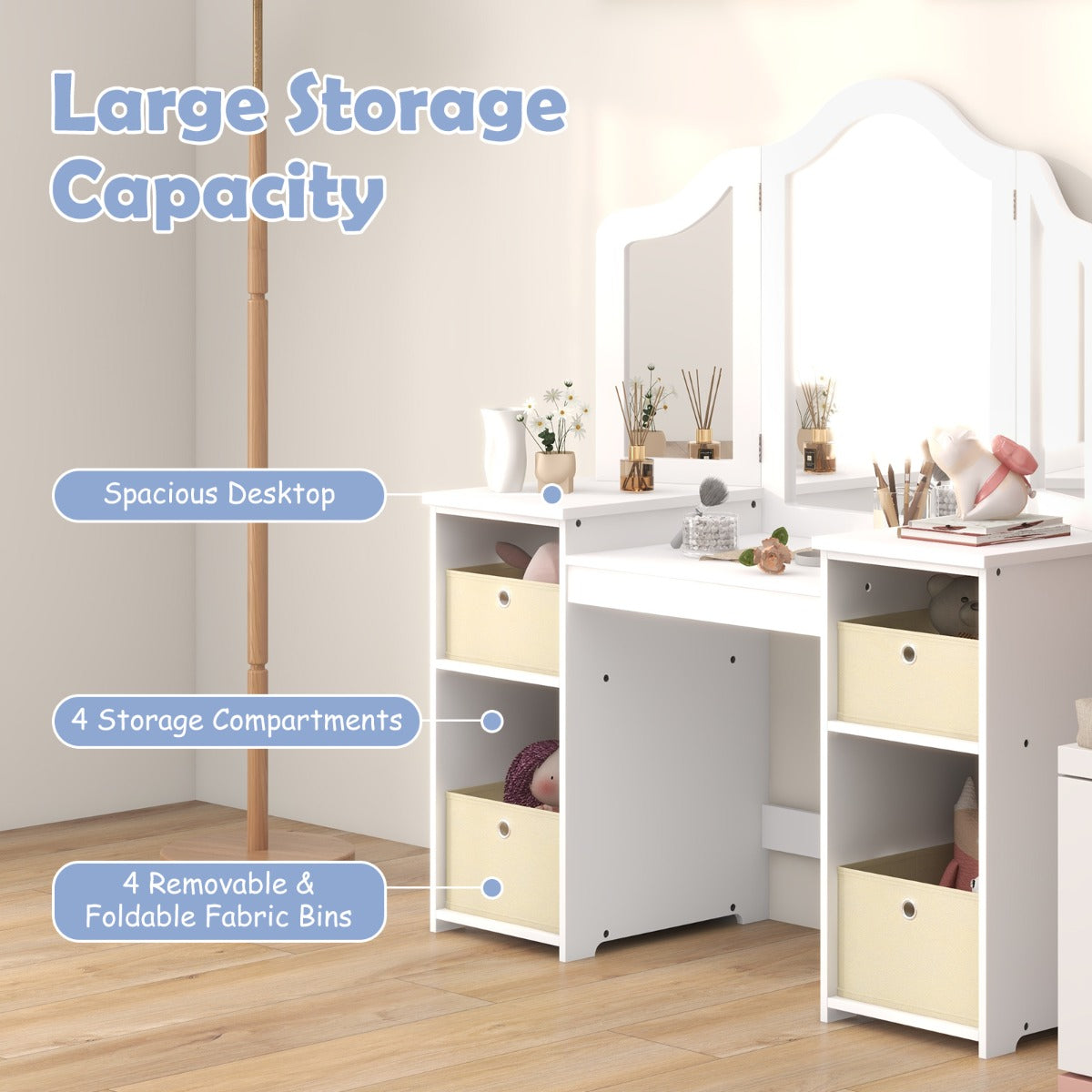 Livsk costway 2 in 1 kinderkaptafel met afneembare driewegspiegel make uptafel met 4 vakken en 4 stoffen opbergbakken wit 3