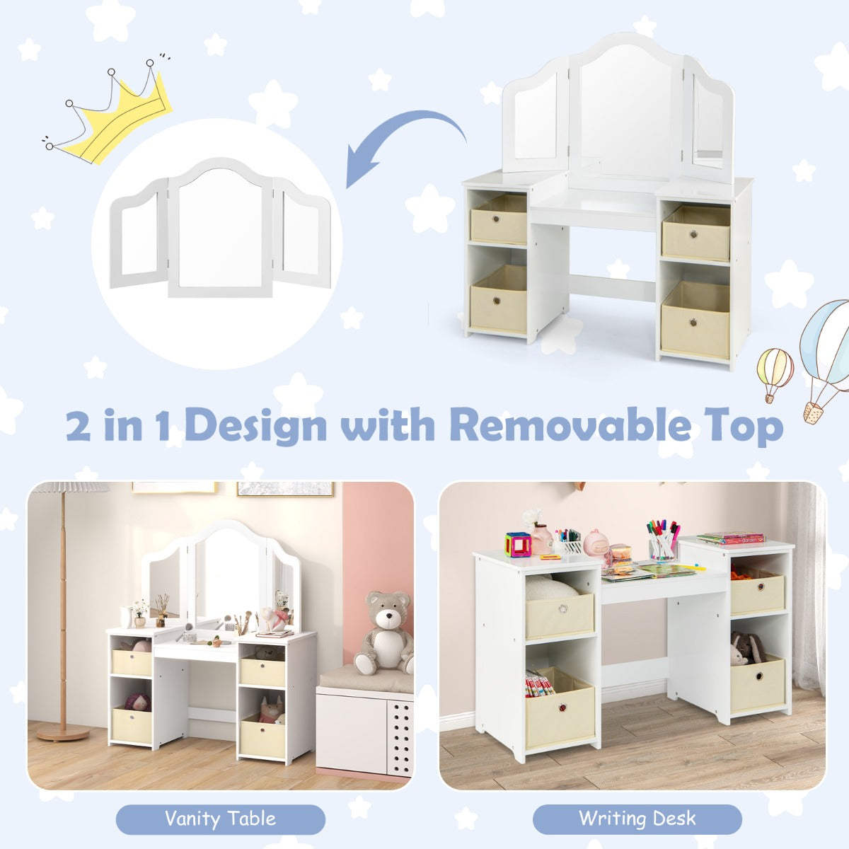 Livsk costway 2 in 1 kinderkaptafel met afneembare driewegspiegel make uptafel met 4 vakken en 4 stoffen opbergbakken wit 5