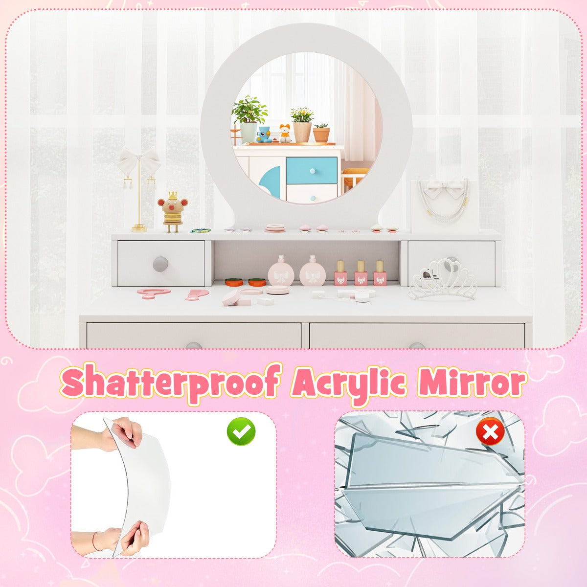 LIVSK Kinderkaptafelset met Onbreekbare Spiegel - Veilig met Kantelbeveiliging - Ruime Opbergruimte - Wit