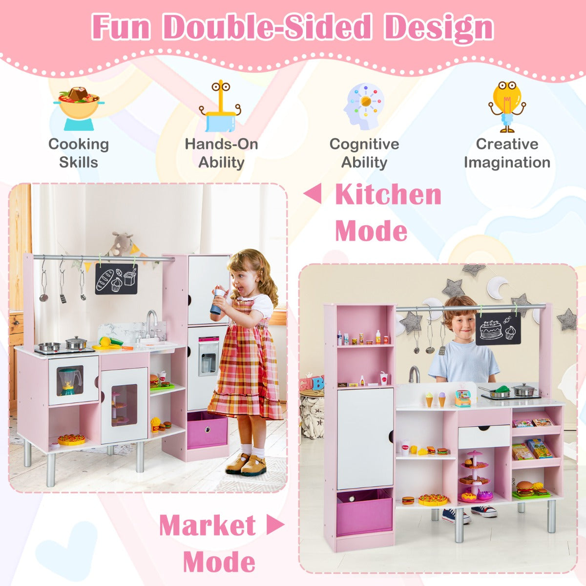 LIVSK 2-in-1 Kinderkeuken en Markt - Dubbelzijdig Design - Licht- en Geluidseffecten - Inclusief 82 Accessoires - Roze