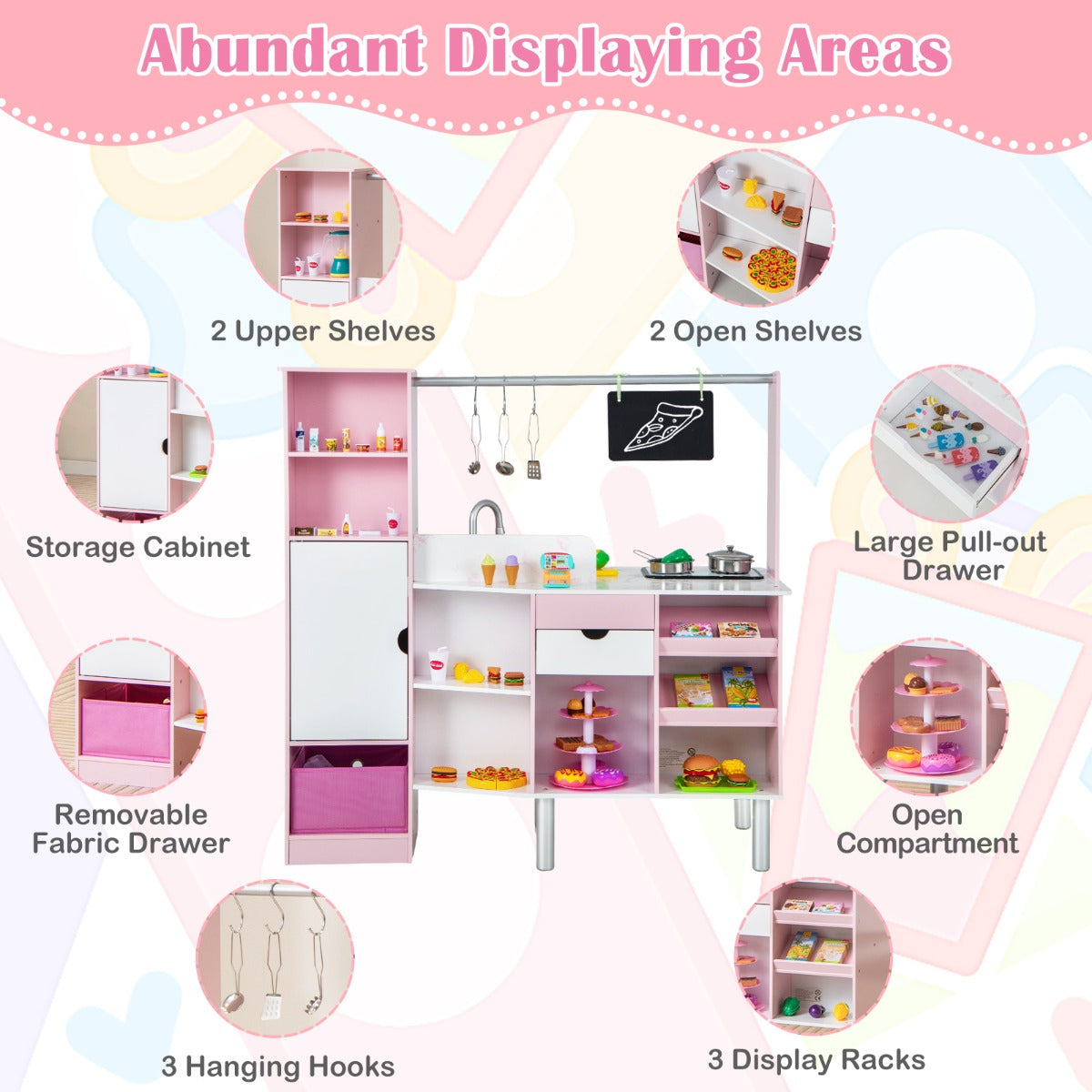 LIVSK 2-in-1 Kinderkeuken en Markt - Dubbelzijdig Design - Licht- en Geluidseffecten - Inclusief 82 Accessoires - Roze