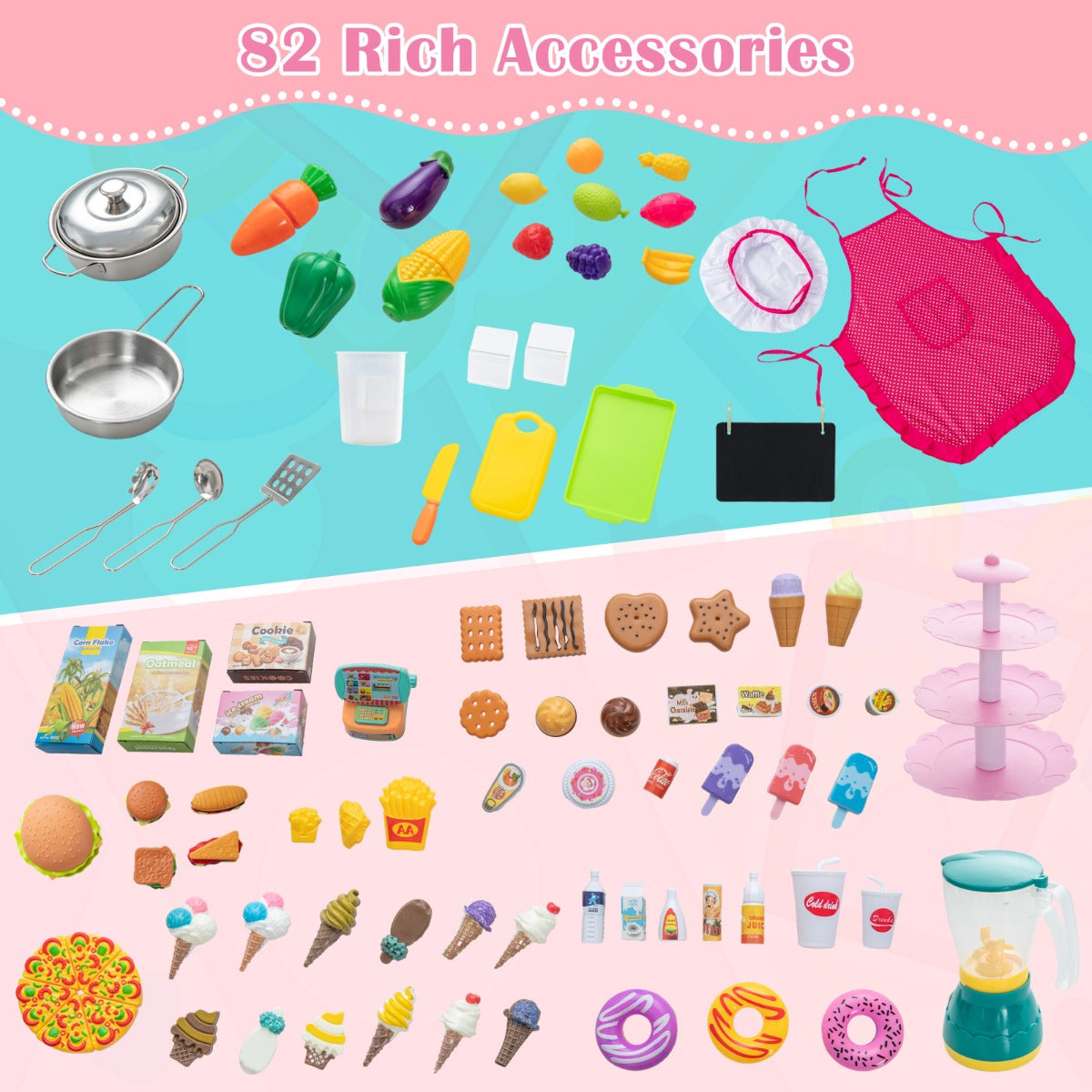 LIVSK 2-in-1 Kinderkeuken en Markt - Dubbelzijdig Design - Licht- en Geluidseffecten - Inclusief 82 Accessoires - Roze