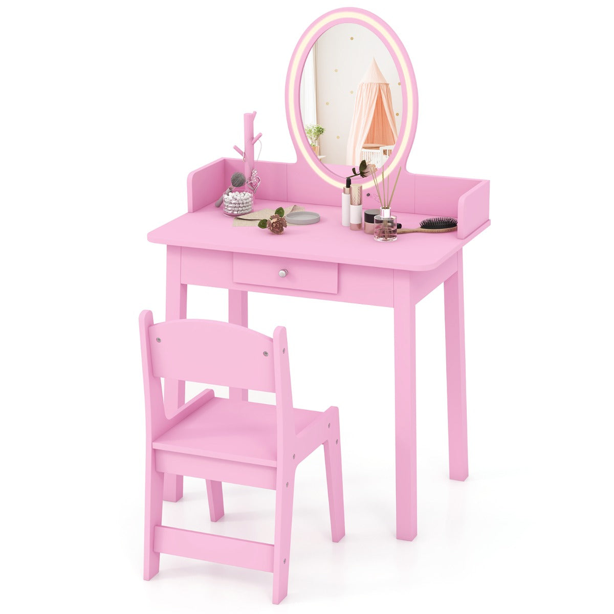LIVSK Make-up-speelset met Spiegel en LED-verlichting - Ruime Opbergruimte - Veilig Ontwerp - Voor Kinderen 3-8 Jaar - Roze