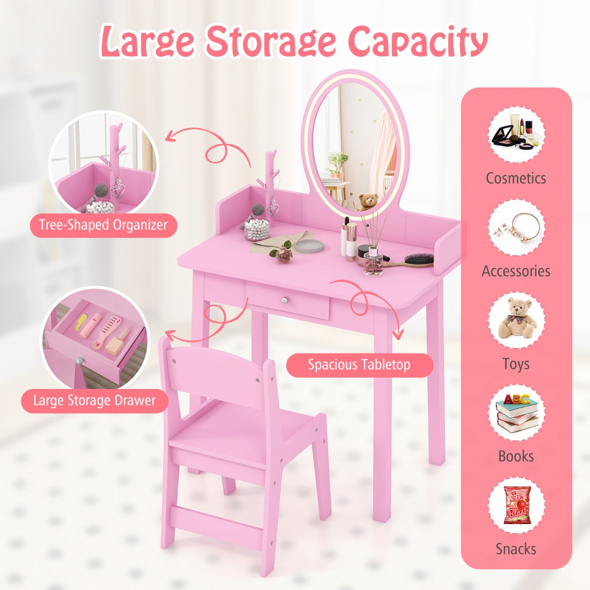 LIVSK Make-up-speelset met Spiegel en LED-verlichting - Ruime Opbergruimte - Veilig Ontwerp - Voor Kinderen 3-8 Jaar - Roze