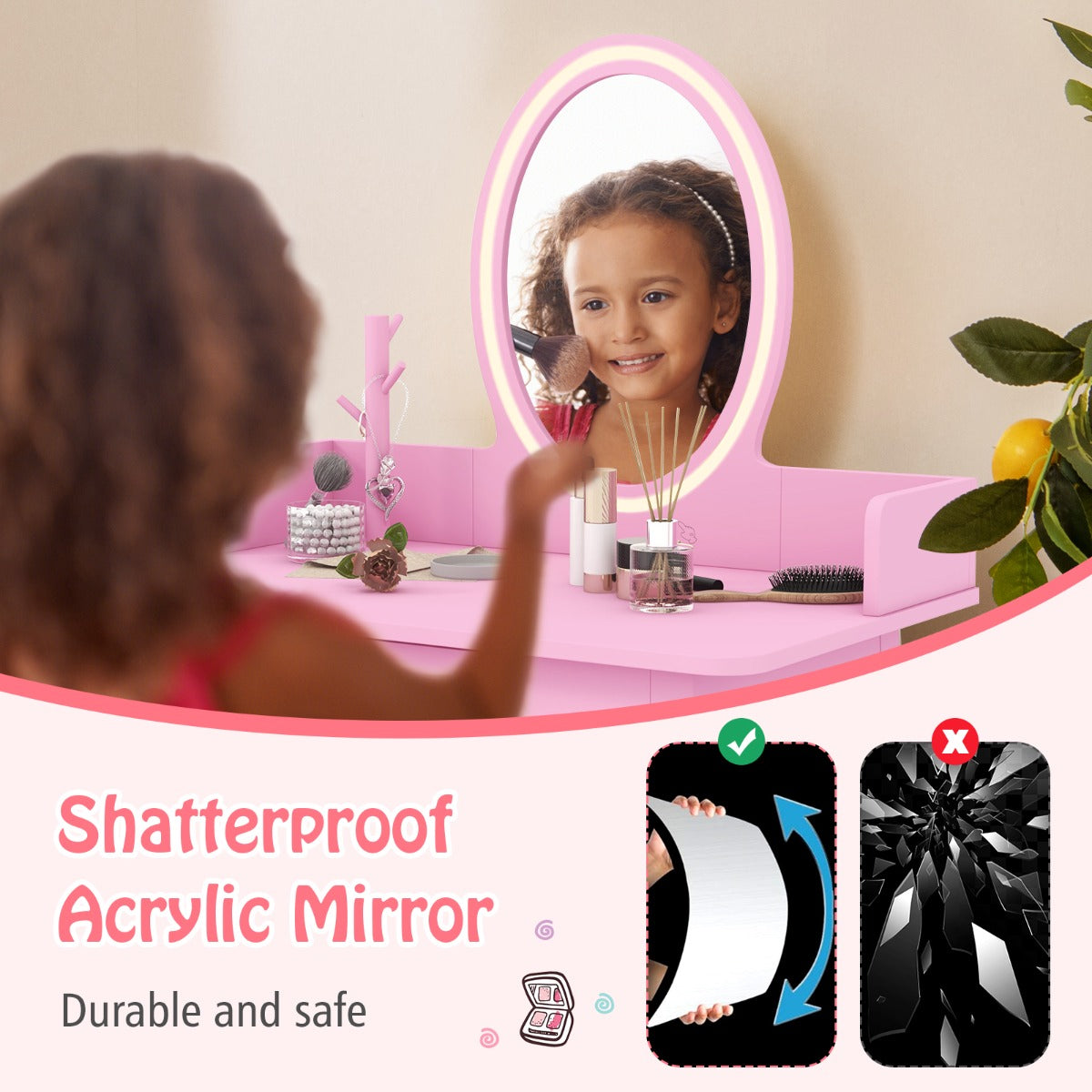 LIVSK Make-up-speelset met Spiegel en LED-verlichting - Ruime Opbergruimte - Veilig Ontwerp - Voor Kinderen 3-8 Jaar - Roze