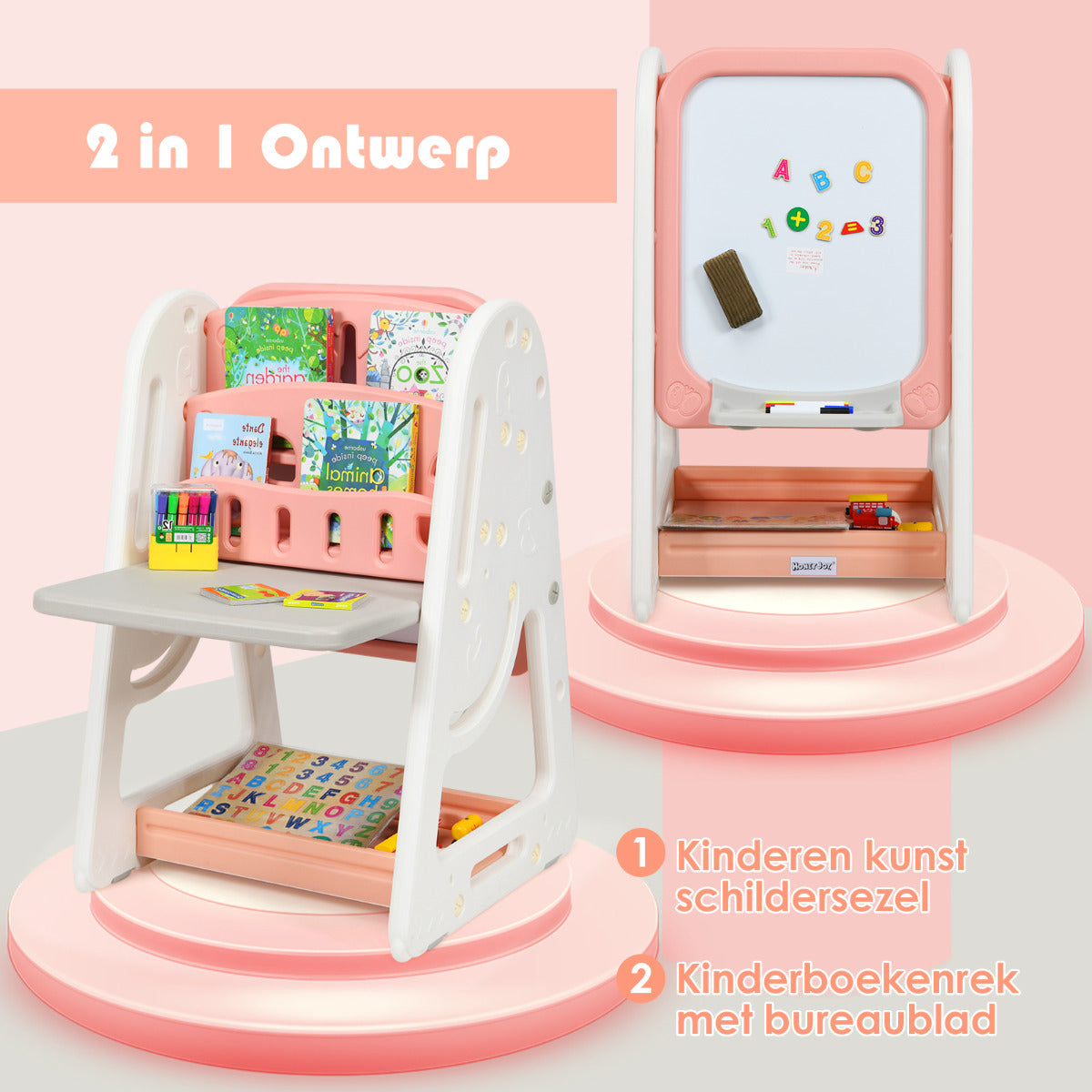 LIVSK 2-in-1 Kinder Schildersezel en Boekenrek - Verstelbaar in 3 Hoogtes - Veilig HDPE - Inclusief Stoel en Accessoires - Oranje