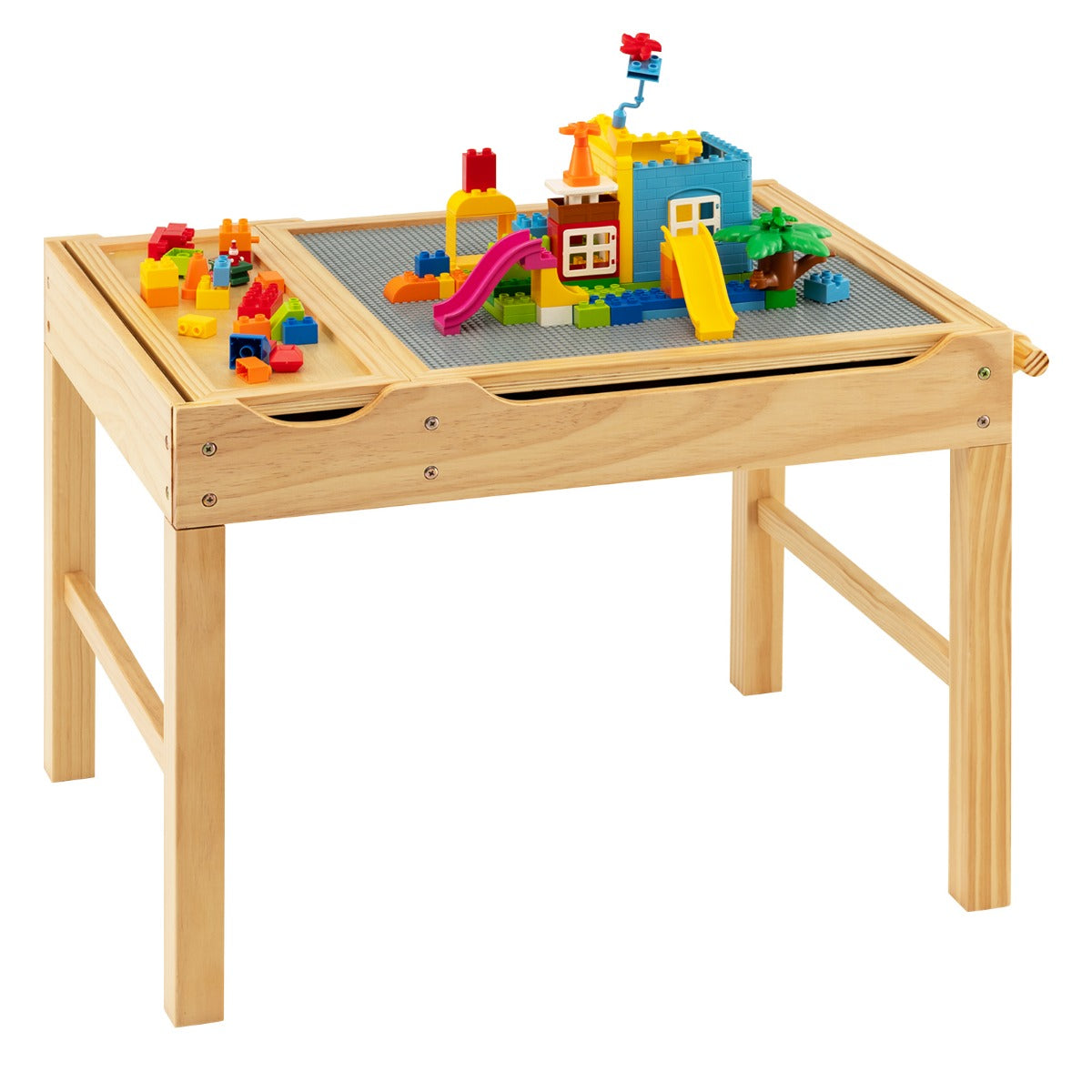 LIVSK 2-in-1 Kindertafel met Dubbelzijdig Tafelblad - Inclusief 3m Papierrol - Opbergruimte - Veilig Grenenhout - Natuur