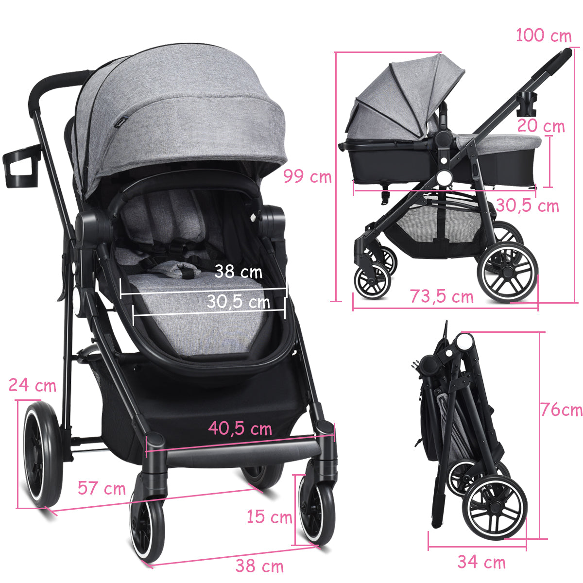 Livsk costway 2 in 1 kinderwagen hoge peuter kinderwagen met omkeerbare zitting voetrem bekerhouder en opbergmand grijs 2
